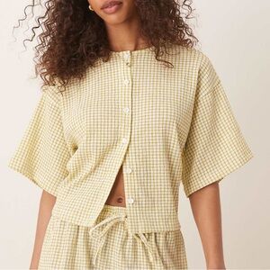 ASOS Green Check Boxy Button-Front Short Sleeve Top